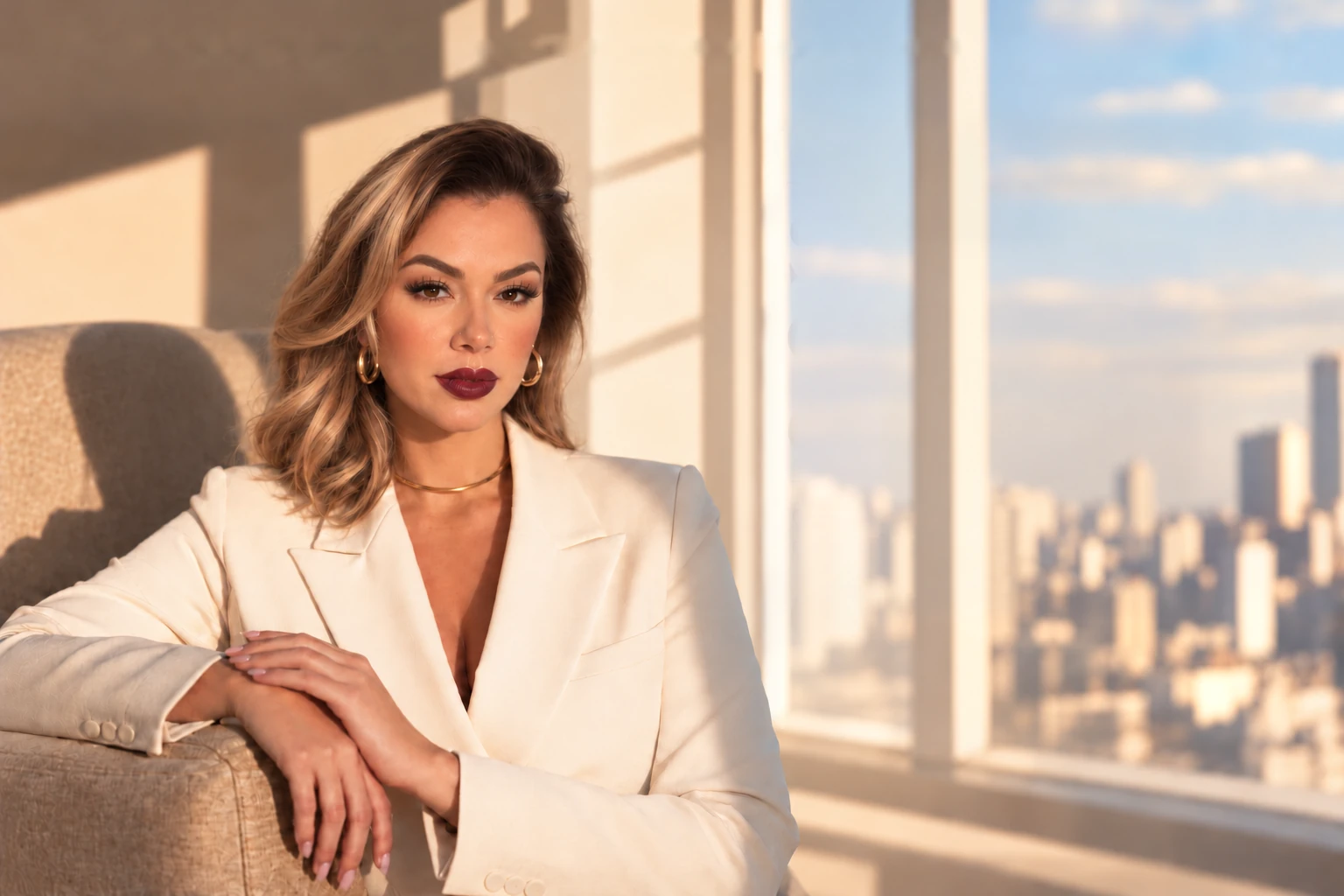 Dra. Ivana Bordignon, de blazer marfim, sentada junto a uma janela com a cidade ao fundo.